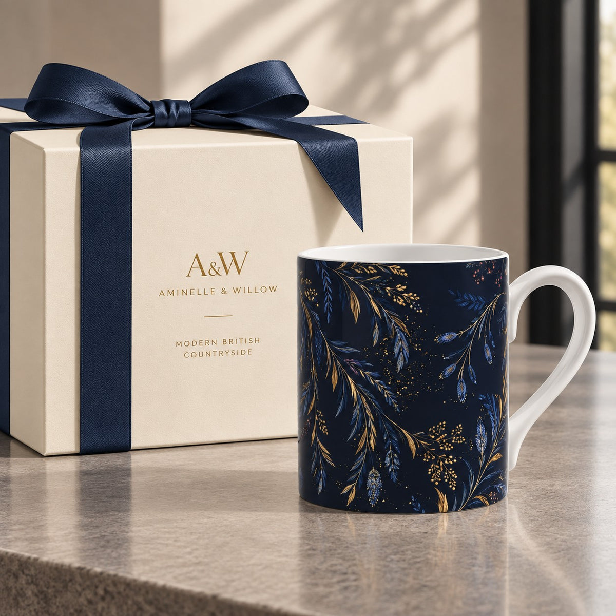 Midnight blue fine bone china mug with sweeping blue and muted gold botanical foliage