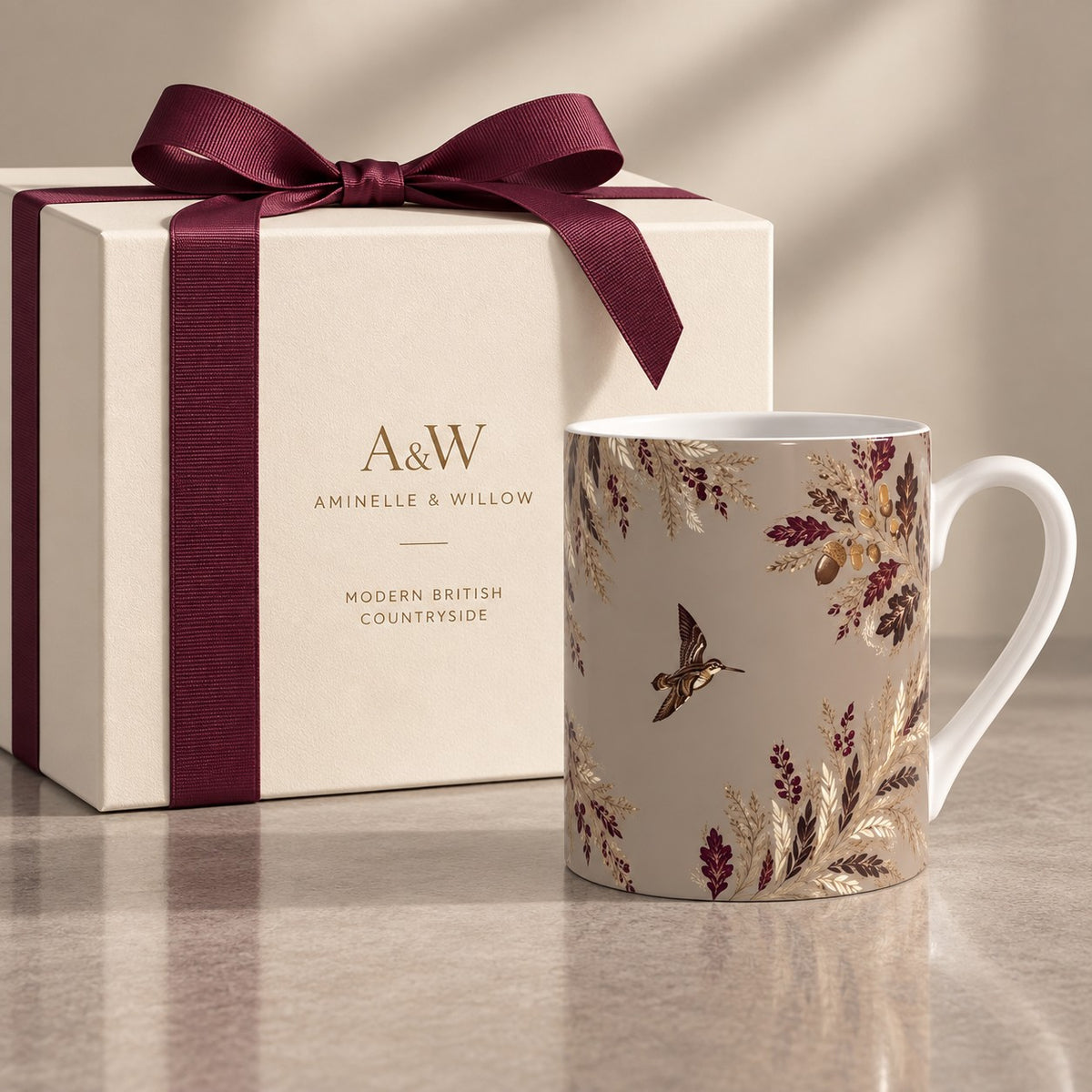 Fine bone china mug featuring a woodcock in flight surrounded by burgundy, ochre and neutral autumn foliage