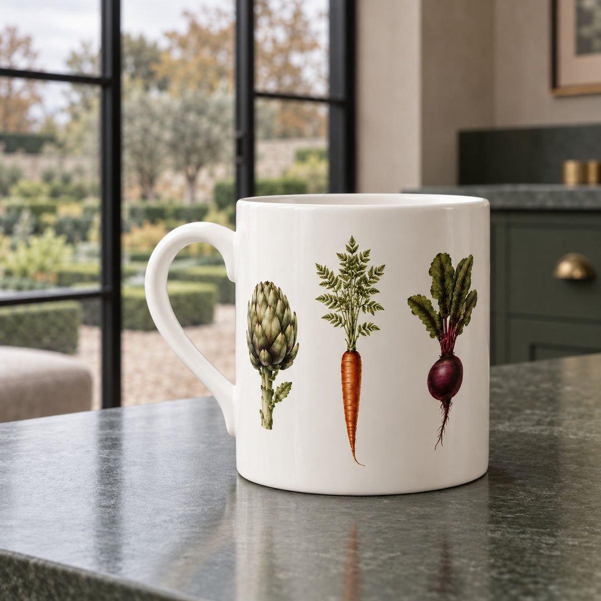 Fine bone china mug featuring illustrated artichoke, carrot and beetroot vegetables on a soft ivory background
