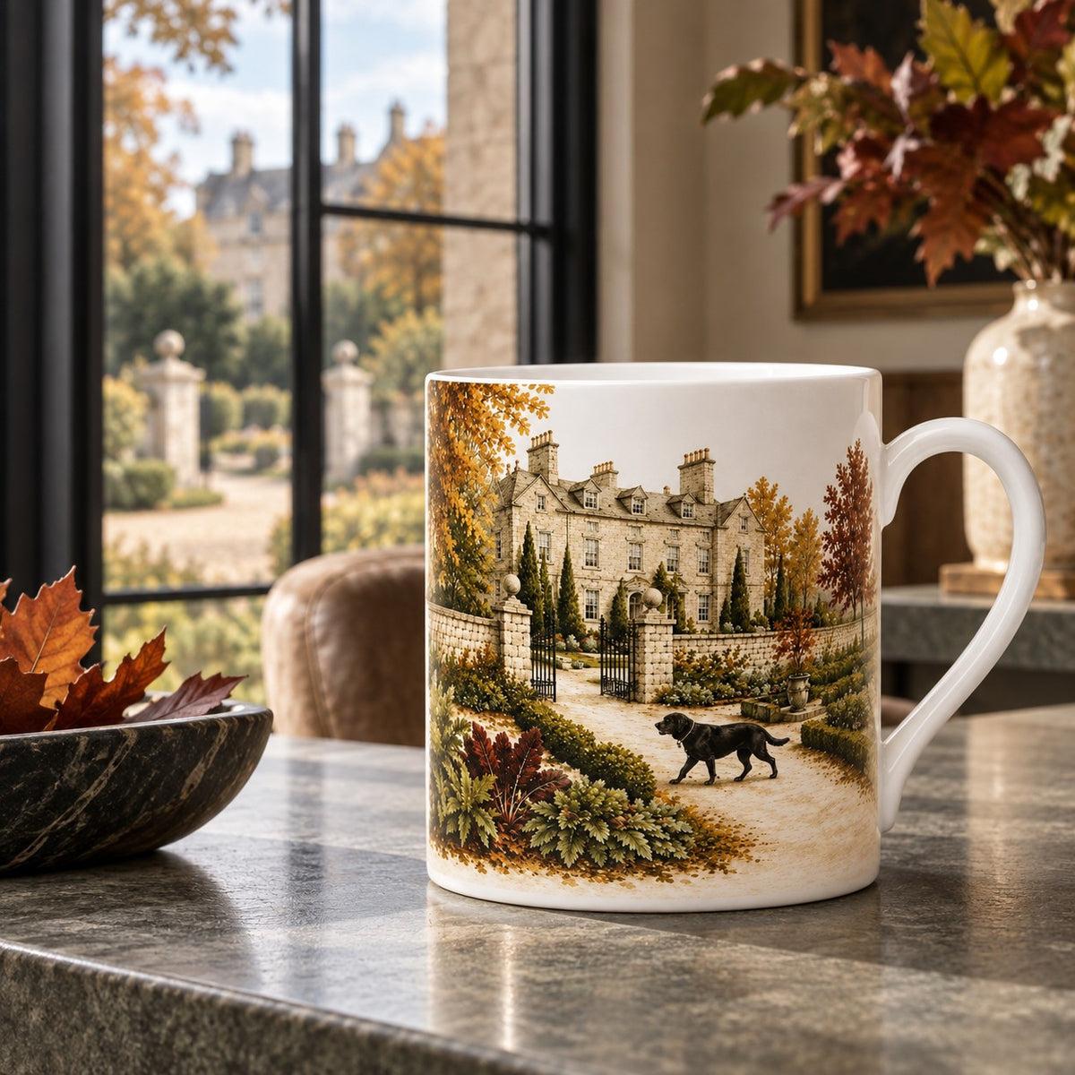 Fine bone china mug featuring a black Labrador walking through the autumn gardens of a British country house