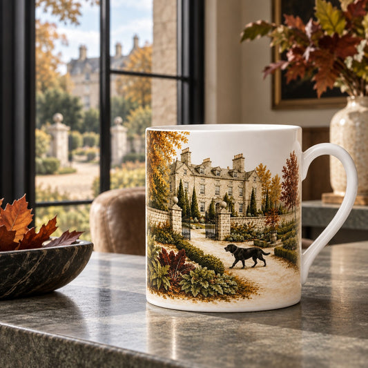 Fine bone china mug featuring a black Labrador walking through the autumn gardens of a British country house