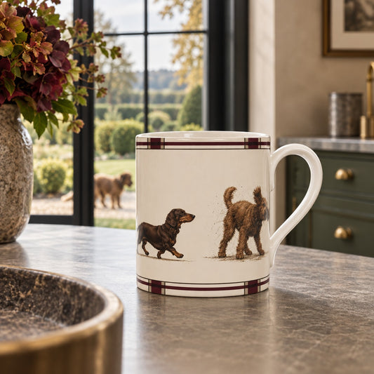 Fine bone china mug featuring illustrated country dogs with a burgundy, taupe and deep brown checked border