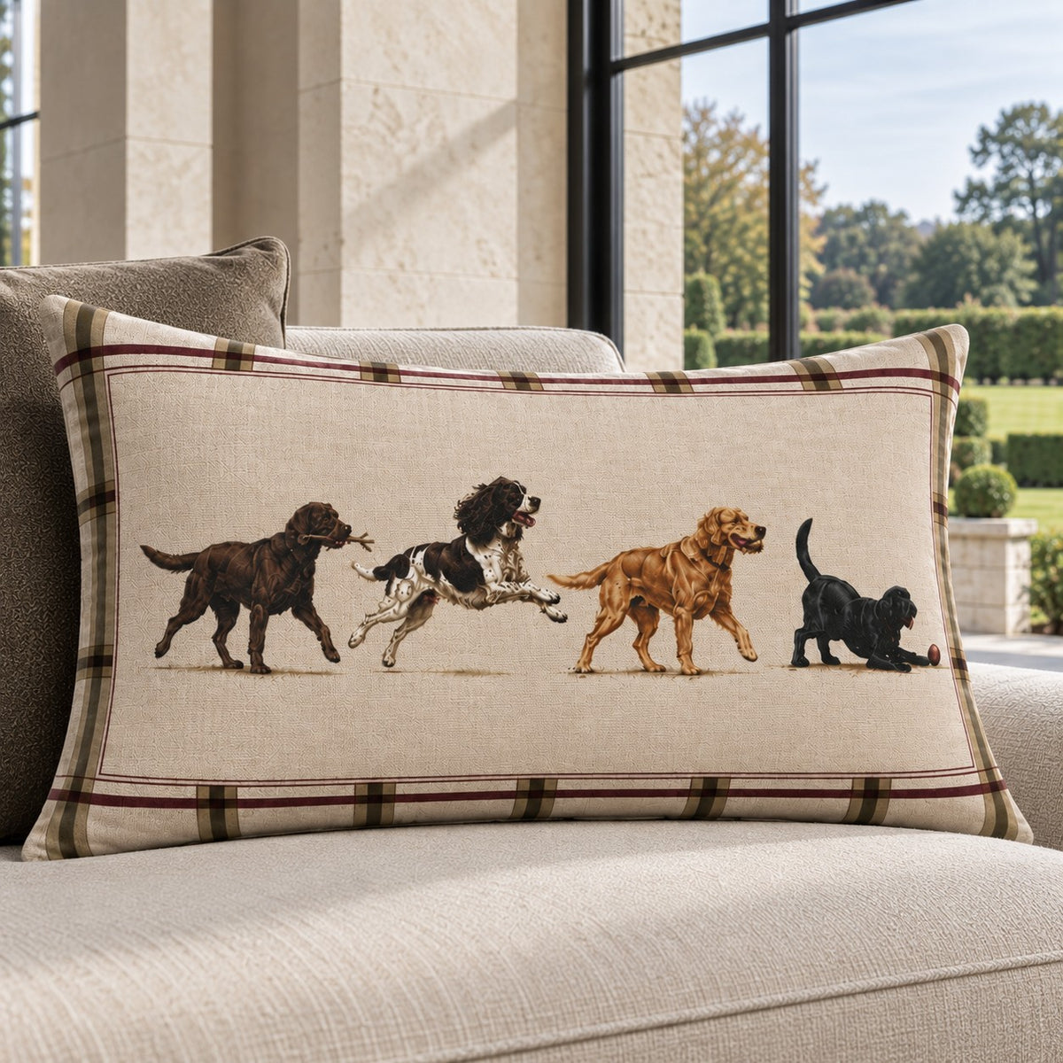 Country Dogs cotton-linen cushion featuring four illustrated dogs with a tailored country check border