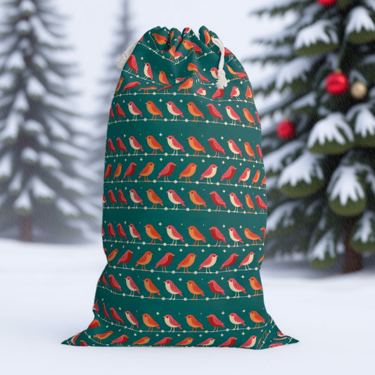 Elegant Green Santa Sack with Luxury Christmas Robin Print