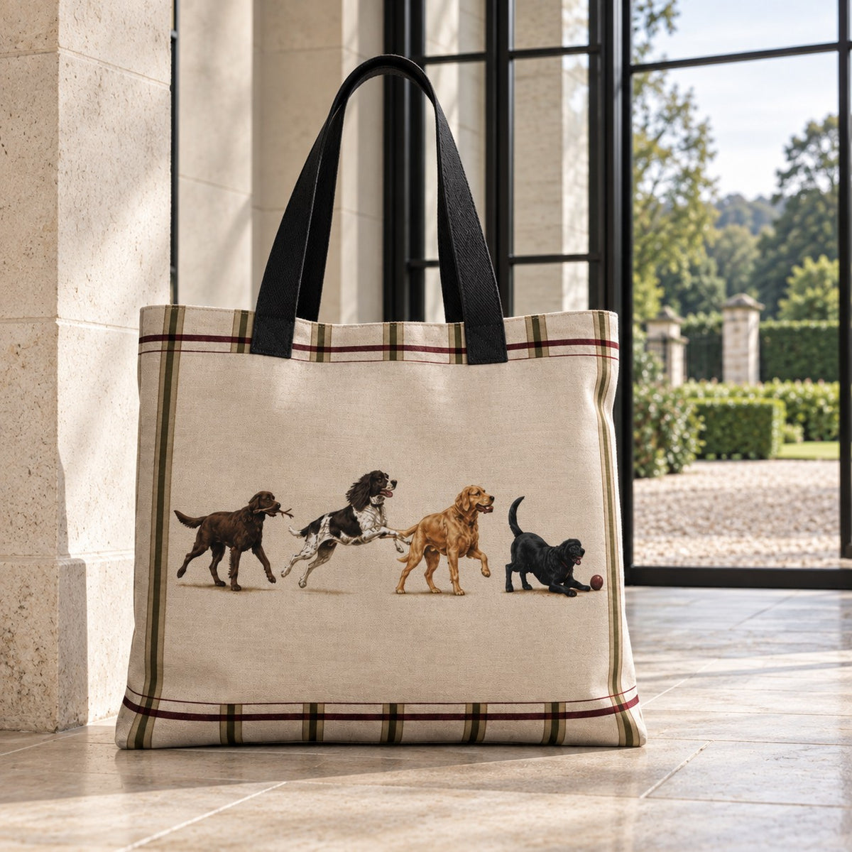 Organic cotton Country Dogs tote bag featuring four illustrated dogs, tailored check border and black handles
