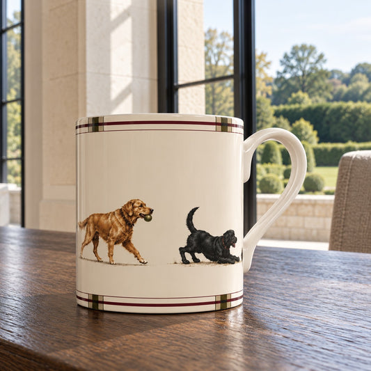 Fine bone china mug featuring two illustrated country dogs playing with a ball and a tailored checked border