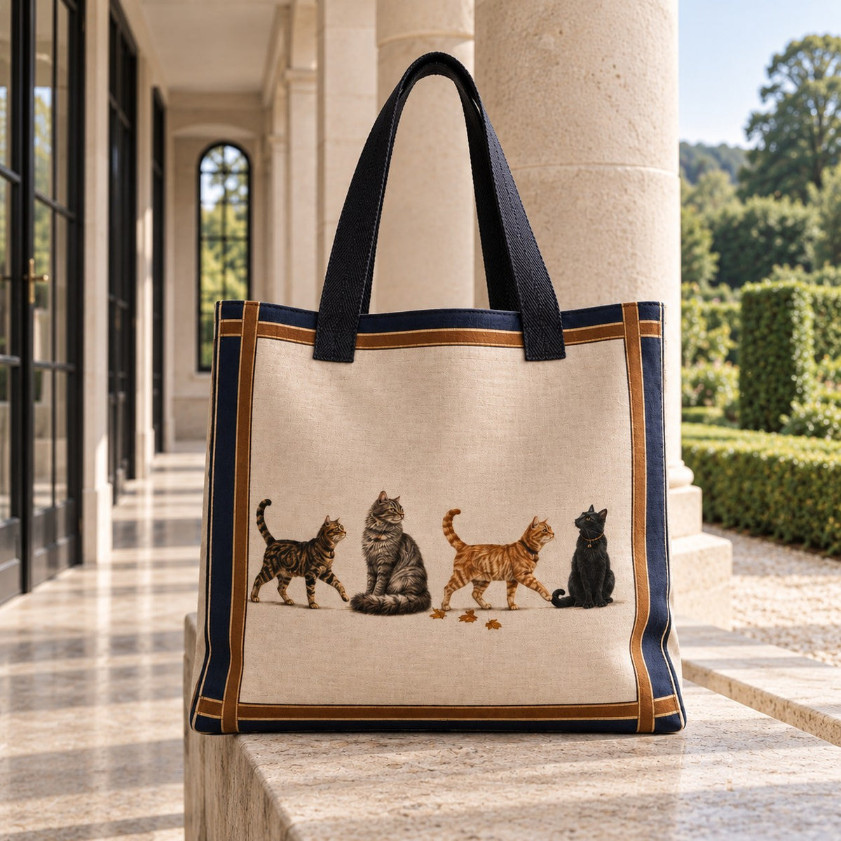 Organic cotton Country Cats tote bag featuring four illustrated cats with deep navy and tan border and black handles