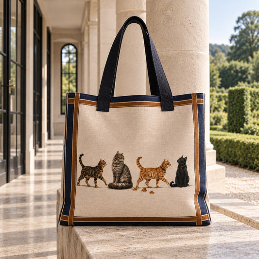 Organic cotton Country Cats tote bag featuring four illustrated cats with deep navy and tan border and black handles