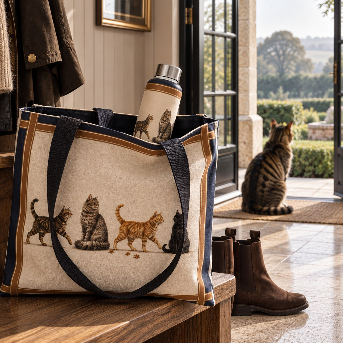 Country Cats glass water bottle featuring illustrated tabby cats on a warm neutral ground with navy and tan border