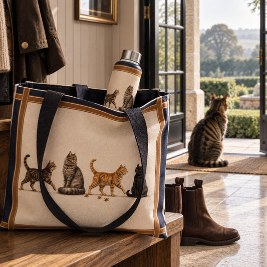Country Cats glass water bottle featuring illustrated tabby cats on a warm neutral ground with navy and tan border