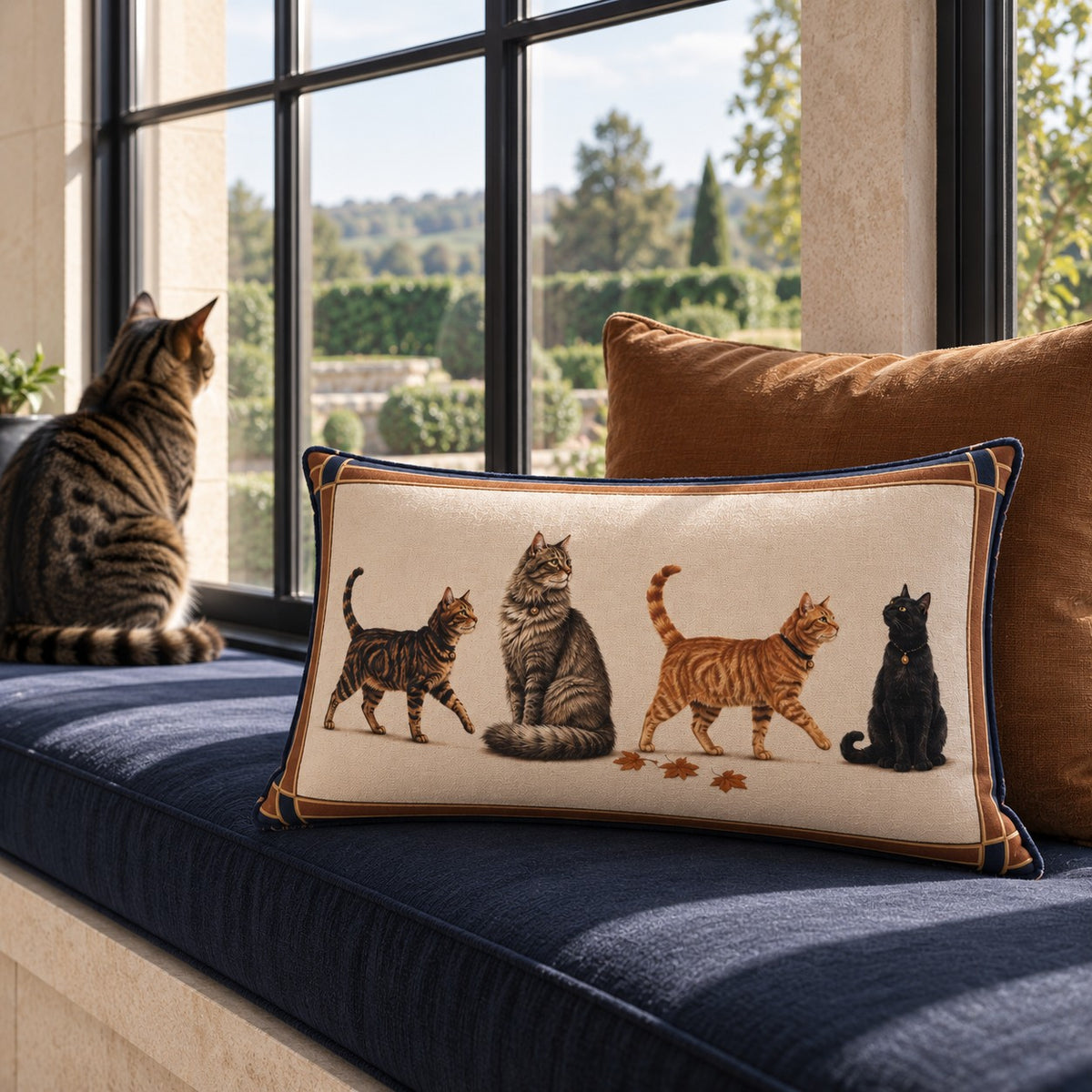 Country Cats cotton-linen cushion featuring four illustrated cats with deep navy and tan border