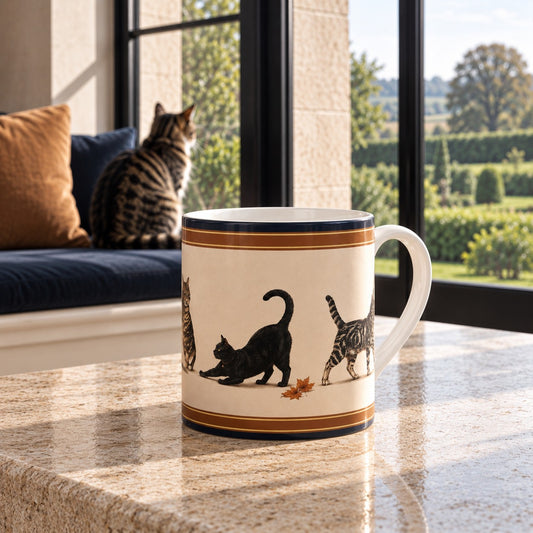 Fine bone china mug featuring playful illustrated cats, autumn leaves and deep navy and tan border