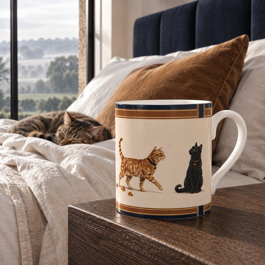 The Curious Cats fine bone china mug featuring illustrated cats with scattered autumn leaves and tailored navy and tan borders