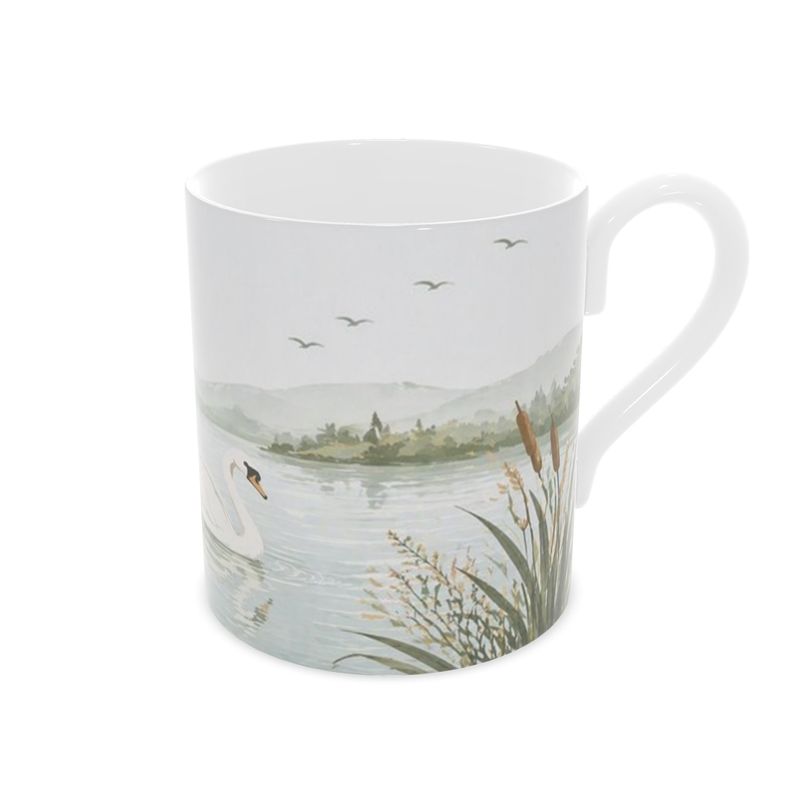 Riverbank Swan Mug – Premium Lakeside Design, Soft Pastel Illustration