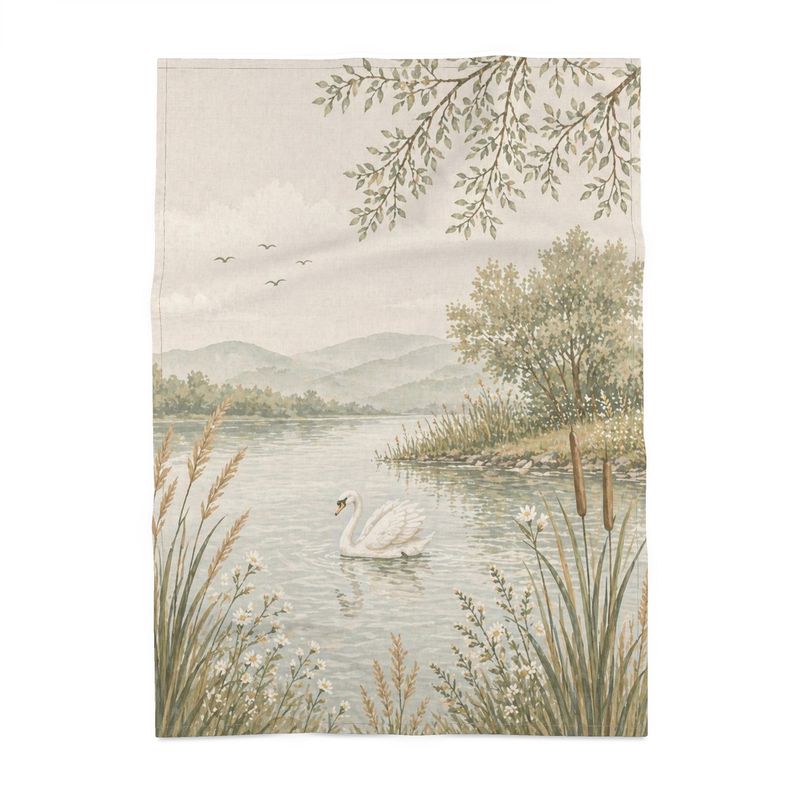 Riverbank Tea Towel – Serene Swan and Tranquil Lake Illustration
