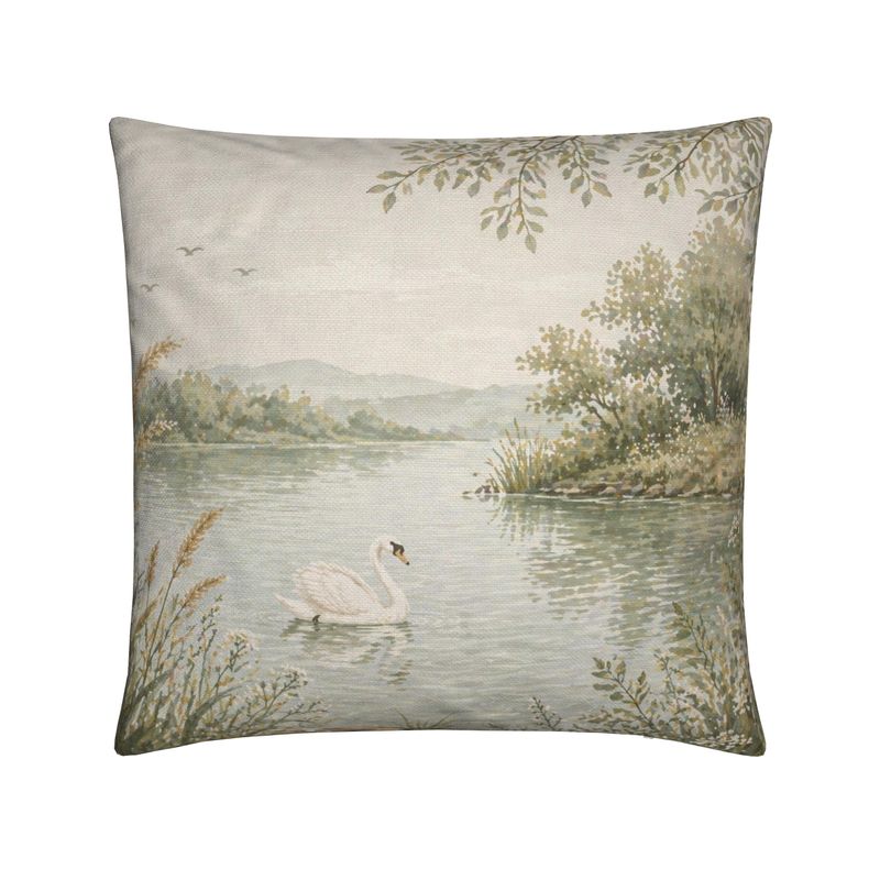 Riverbank Swan Cushion – Serene Watercolour Landscape Home Decor