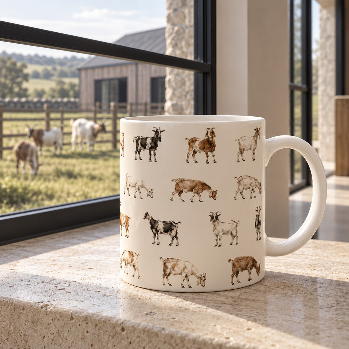 Farmhouse Friends ceramic mug with illustrated goats on a warm neutral background, designed by Aminelle & Willow.