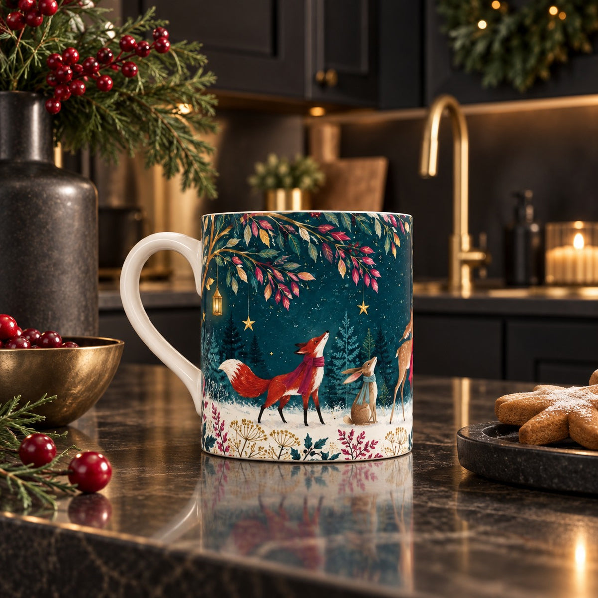 Winter Woodland fine bone china Christmas mug with fox and hare in a snowy woodland scene
