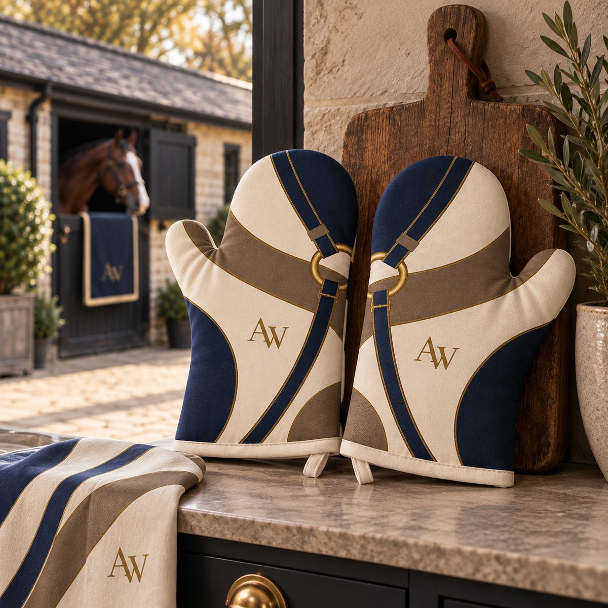 Pair of Reins equestrian oven mitts in navy, taupe and ivory with antique-gold detailing and A&W monogram