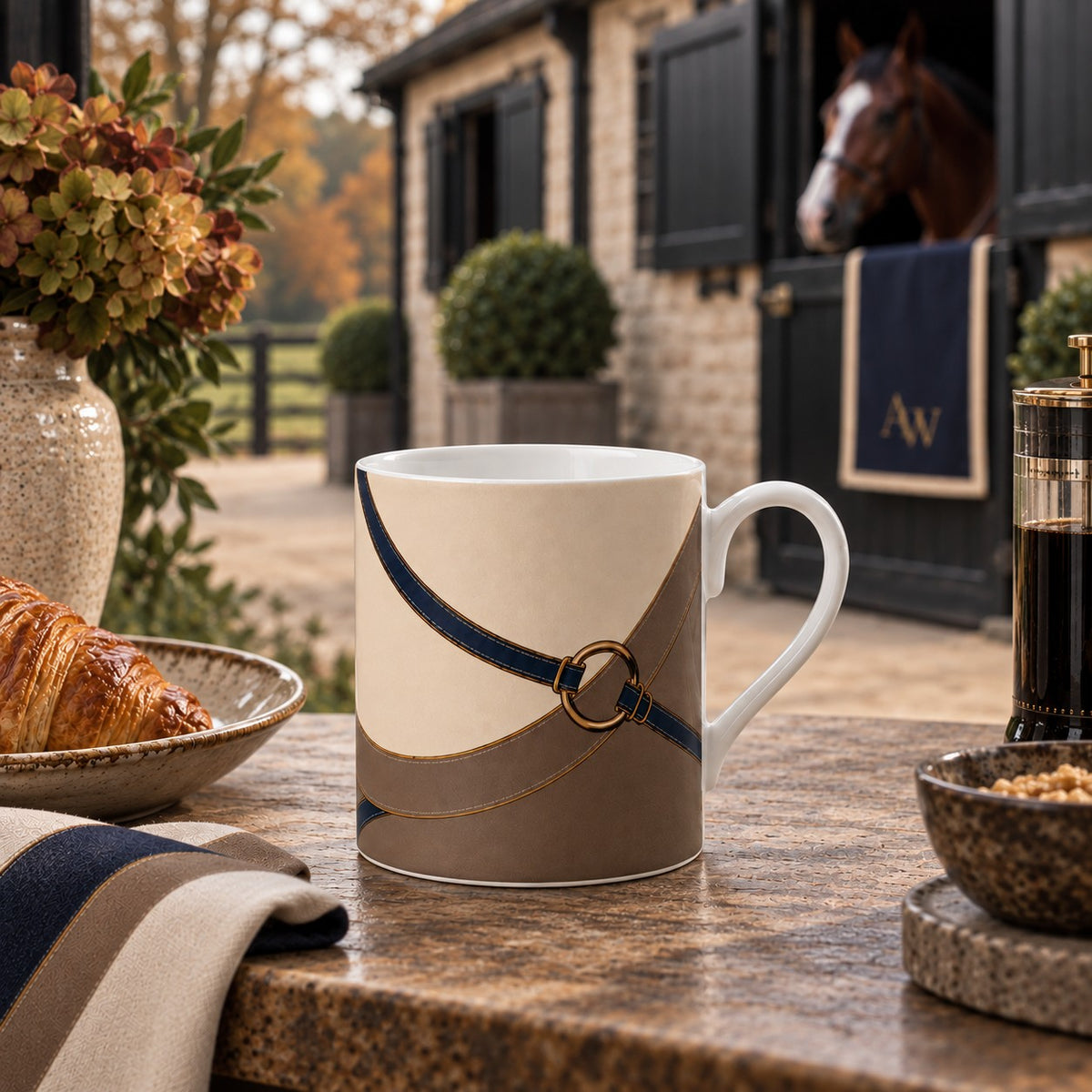 Reins fine bone china mug with navy and taupe equestrian straps, antique-gold ring detail and soft ivory ground