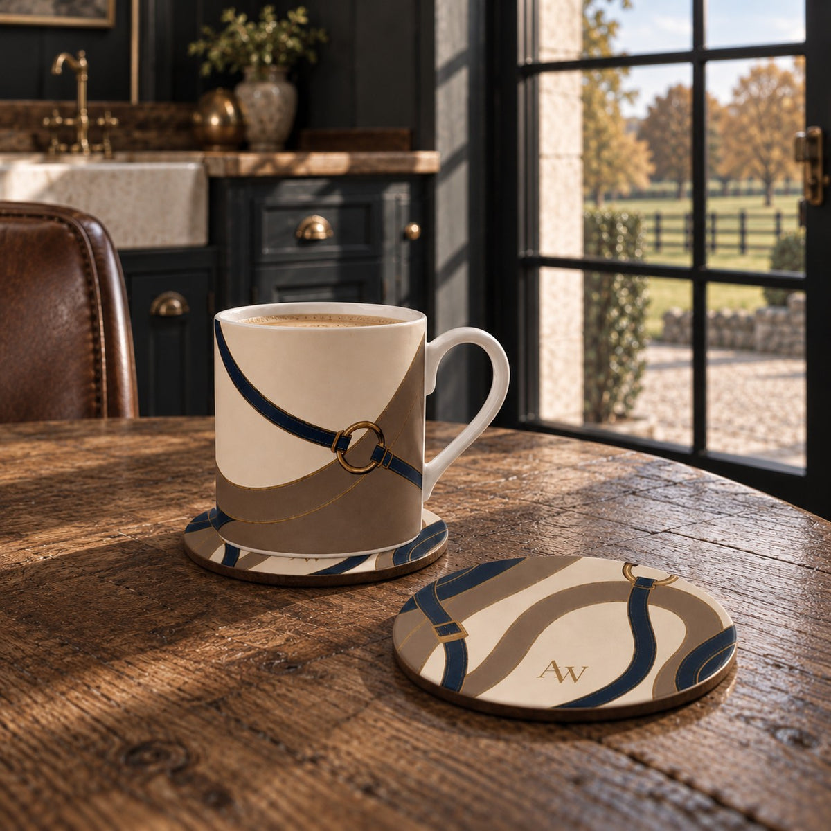 Pair of round Reins ceramic coasters with navy and taupe equestrian straps, antique-gold tack details and A&W monogram