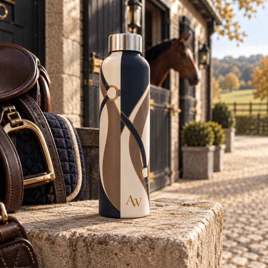 The Reins glass water bottle with navy, taupe and ivory equestrian design, antique-gold tack details and A&W monogram