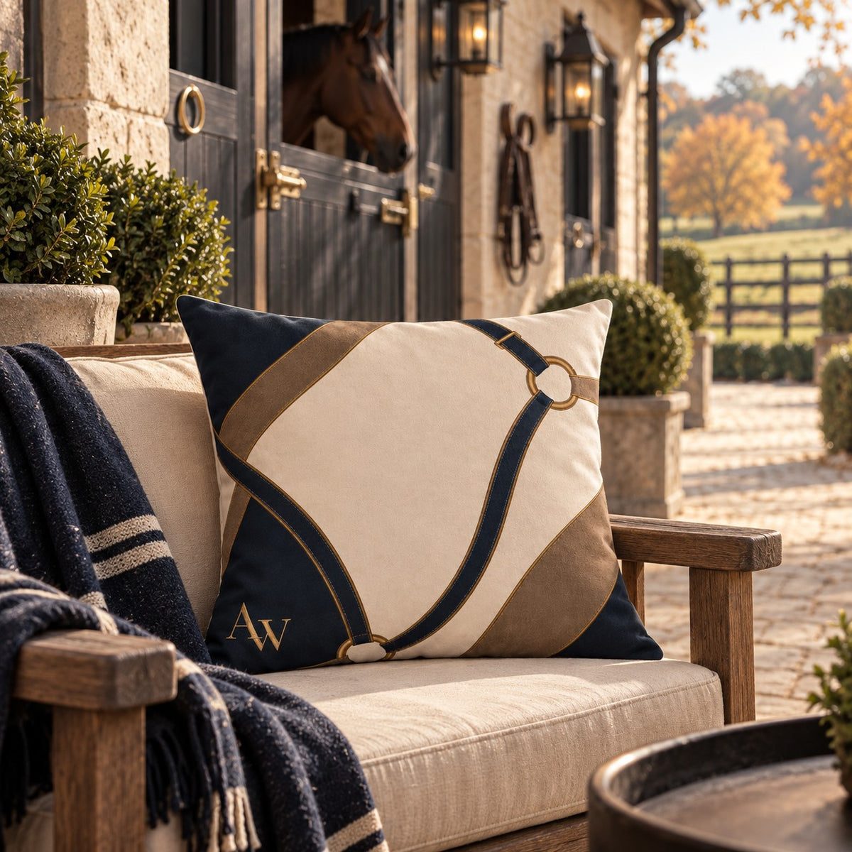 The Reins 50x50cm cotton-linen cushion with navy and taupe equestrian straps, antique-gold ring details and A&W monogram