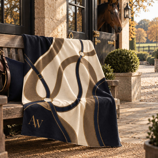 The Reins organic cotton throw with sweeping navy and taupe equestrian lines, antique-gold tack details and A&W monogram