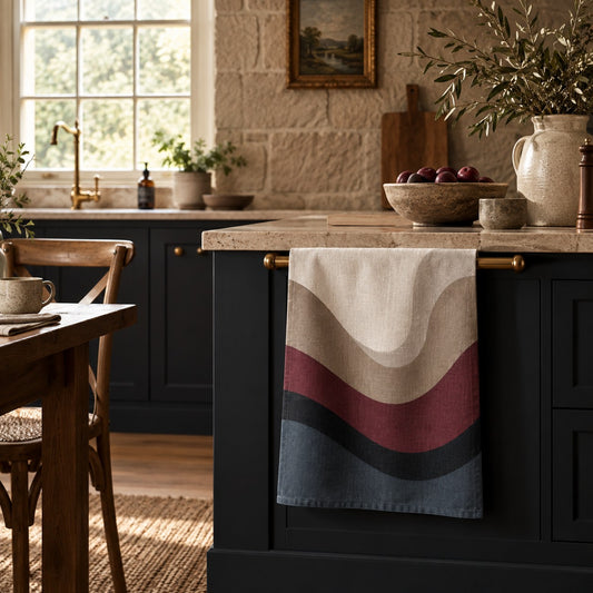 Estate Living Wave cotton linen tea towel in burgundy, midnight blue, taupe and ivory by Aminelle & Willow