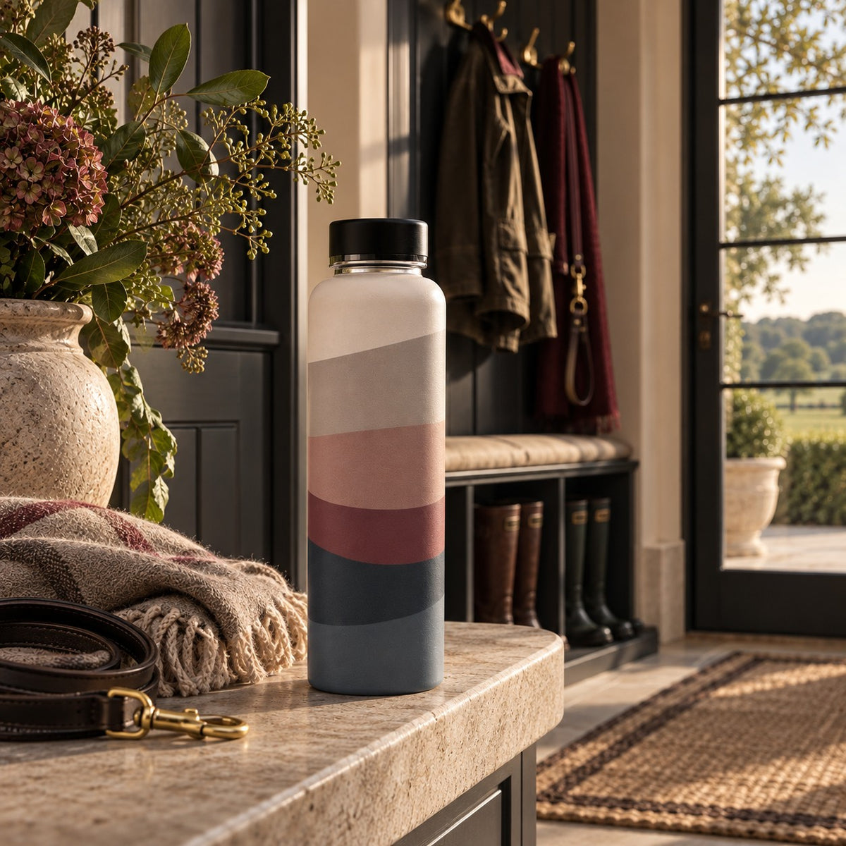 Estate Living Wave 500ml glass water bottle in ivory, taupe, burgundy and midnight blue by Aminelle & Willow