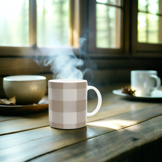 Unique Taupe Gingham Ceramic Mug - Country Chic Drinkware