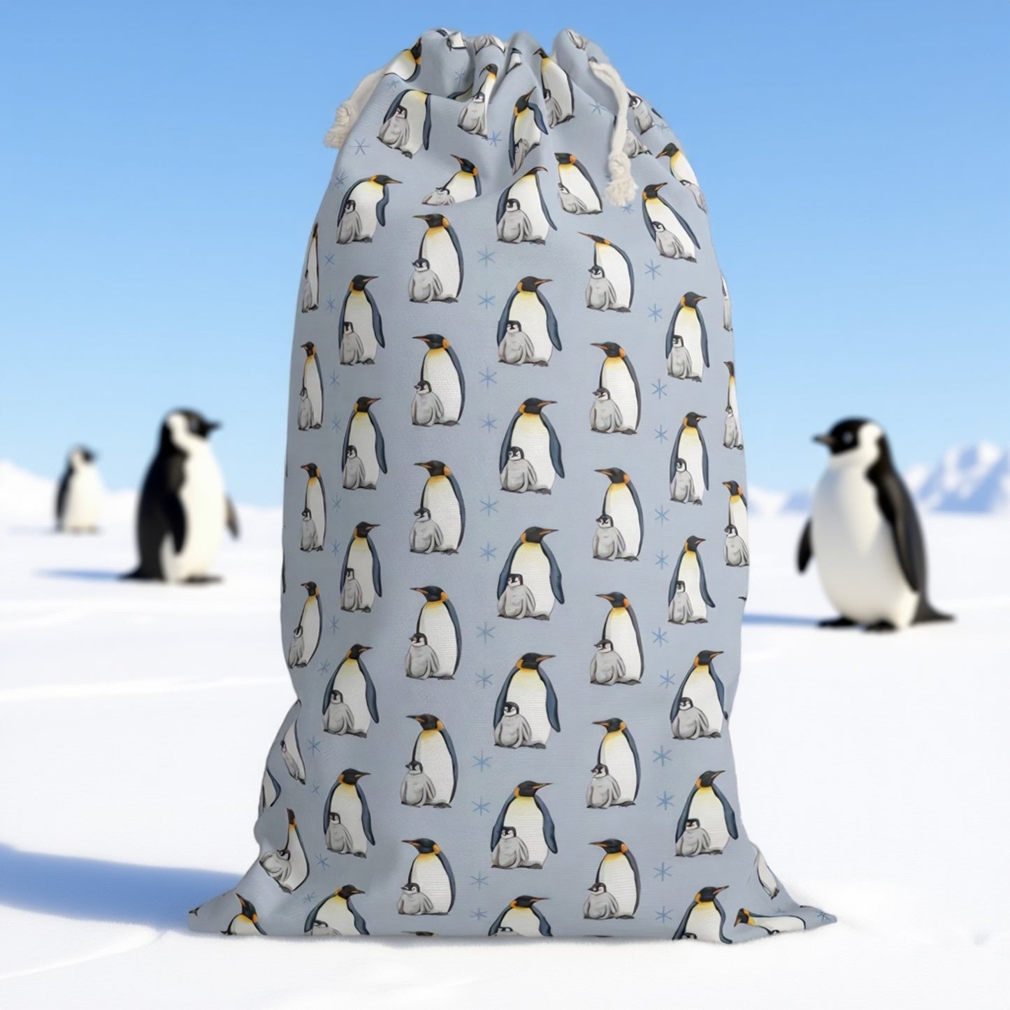 Light Blue Santa Sack with Adorable Penguin Design for Christmas