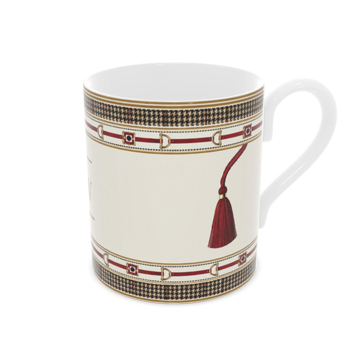 Equestrian fine bone china mug by Aminelle & Willow featuring burgundy straps, gold buckles, houndstooth borders and tassel detailing.