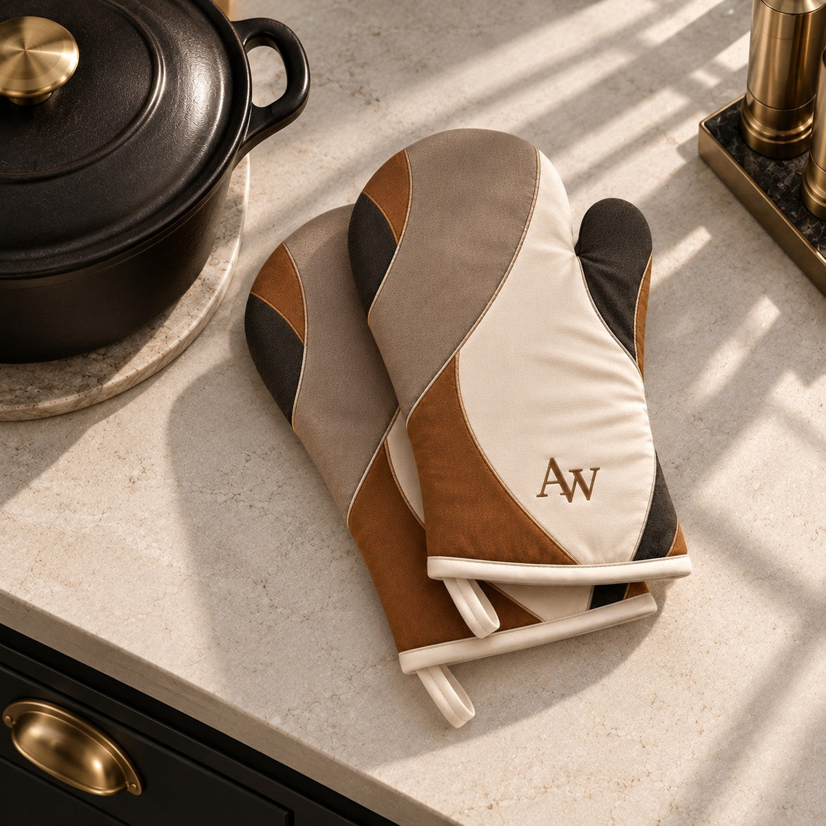 Estate Living Contour oven mitts with sweeping taupe, soft stone, terracotta and espresso curves, fine gold detailing and A&W monogram