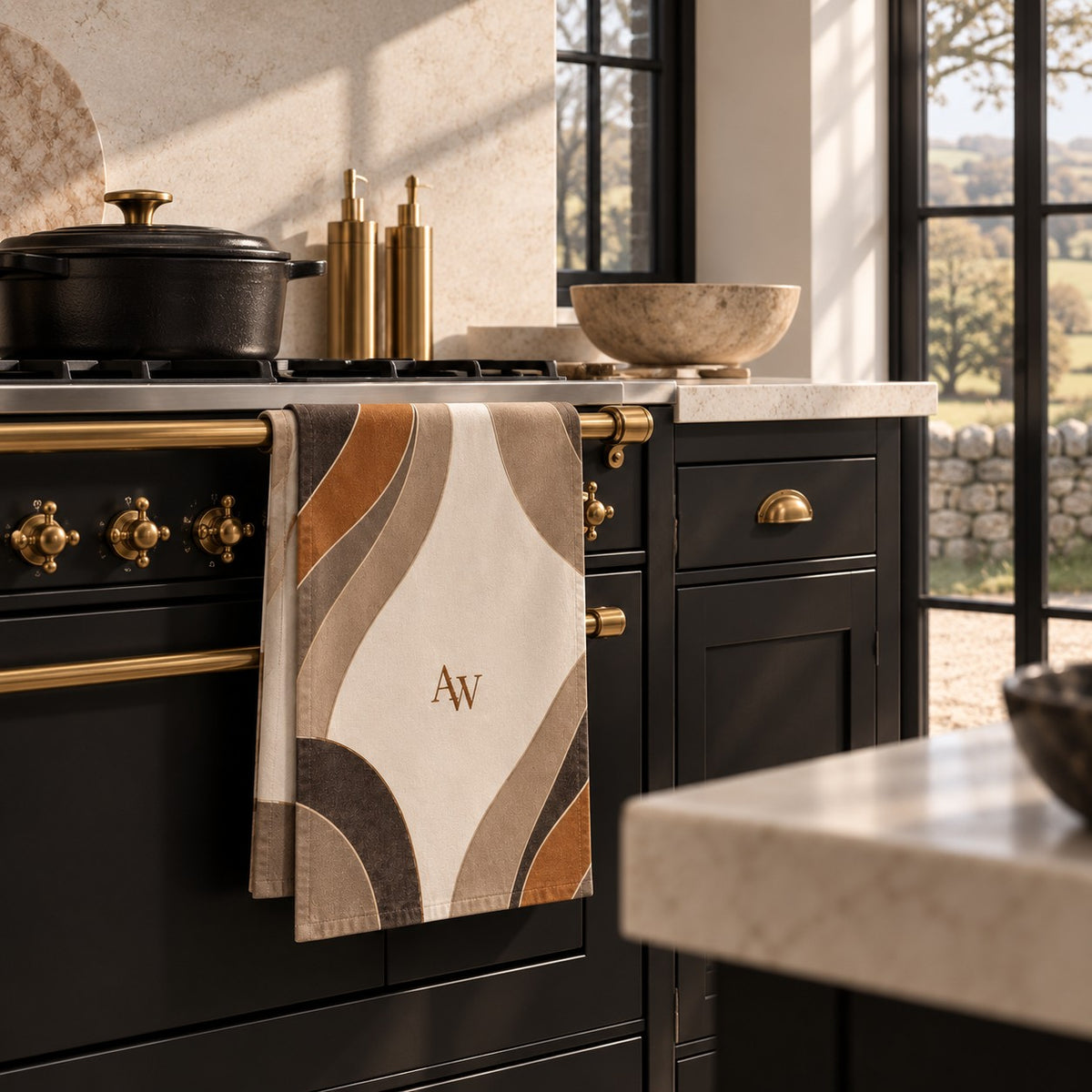 Estate Living Contour cotton linen tea towel with sweeping espresso, taupe, terracotta and soft stone curves, fine gold detailing and A&W monogram