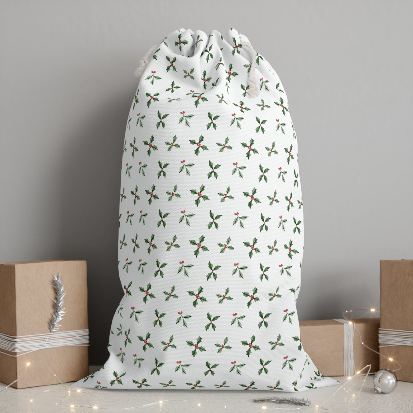 Holly & Berry Christmas Sack - Festive Holiday Gift Bag