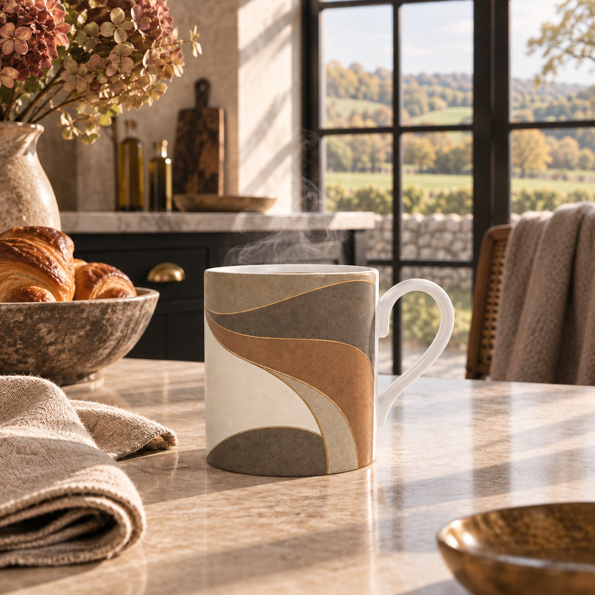 Estate Living Contour fine bone china mug with sweeping espresso, warm taupe, muted terracotta and soft stone curves with fine gold detailing