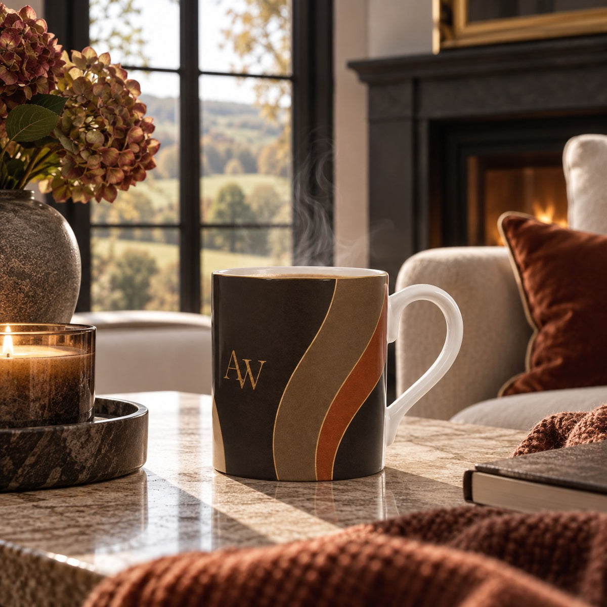 Estate Living Contour Signature fine bone china mug with sweeping taupe and terracotta curves, fine gold detailing and A&W monogram on deep espresso