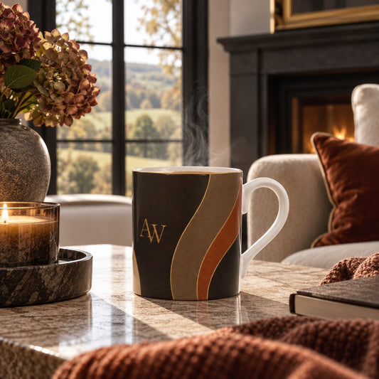 Estate Living Contour Signature fine bone china mug with sweeping taupe and terracotta curves, fine gold detailing and A&W monogram on deep espresso