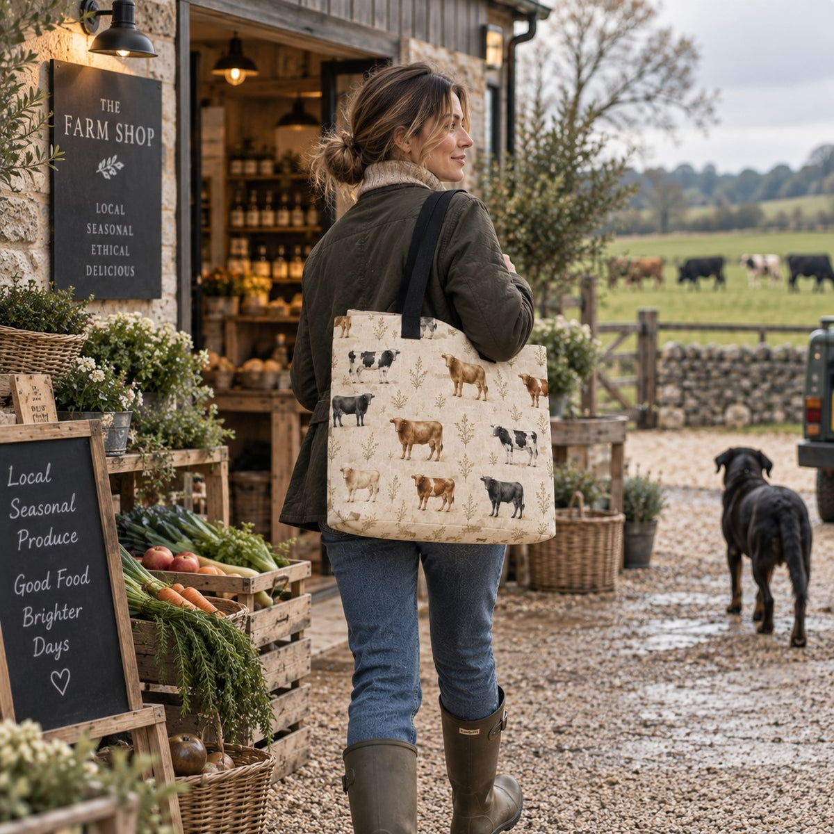 Country Edit organic cotton tote bag featuring illustrated black, brown and cream cattle amongst delicate grasses on a warm natural ground with black handles