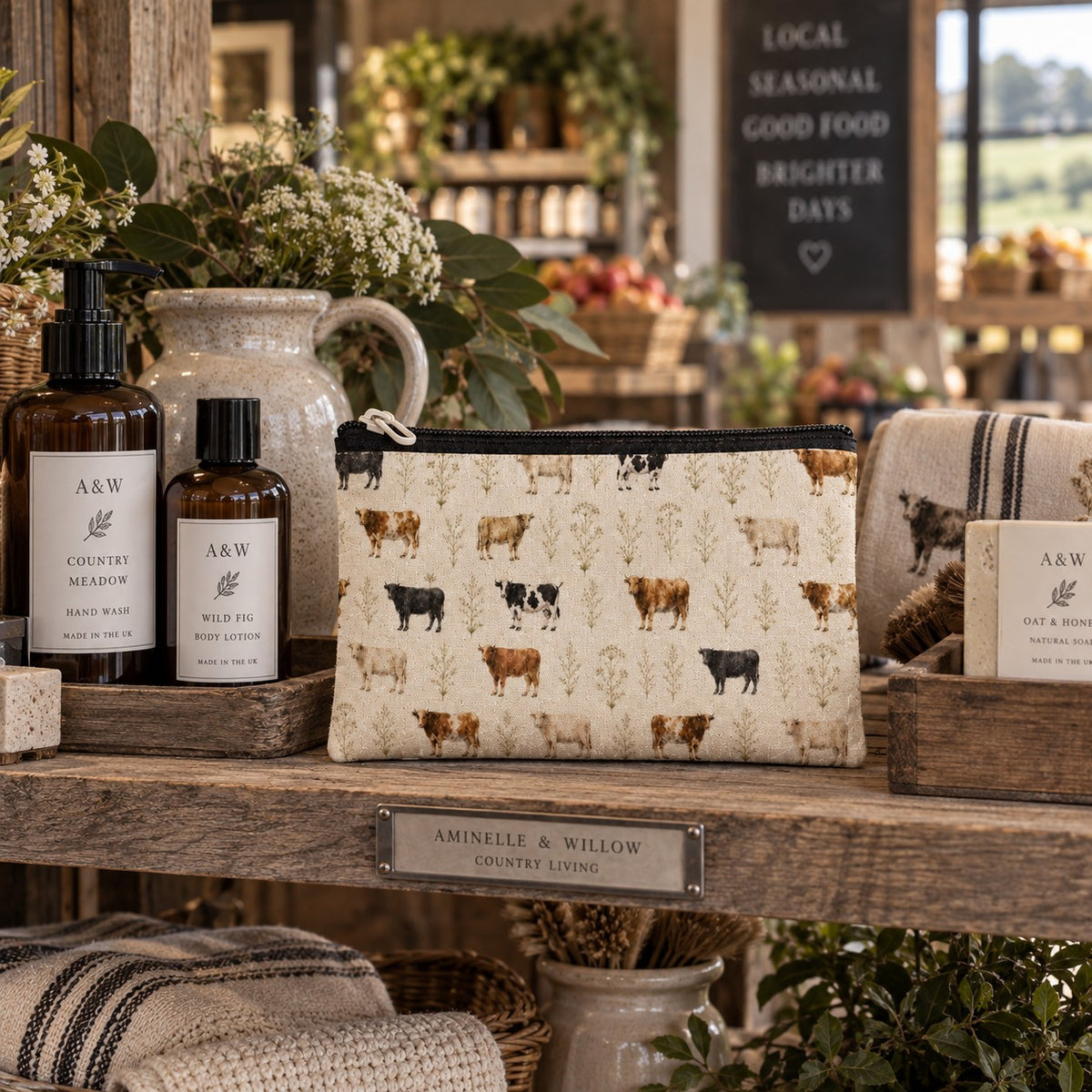Country Edit Cattle is a neoprene cosmetic bag featuring illustrated cows amongst delicate grasses. Sustainably made in the UK and a thoughtful country gift.