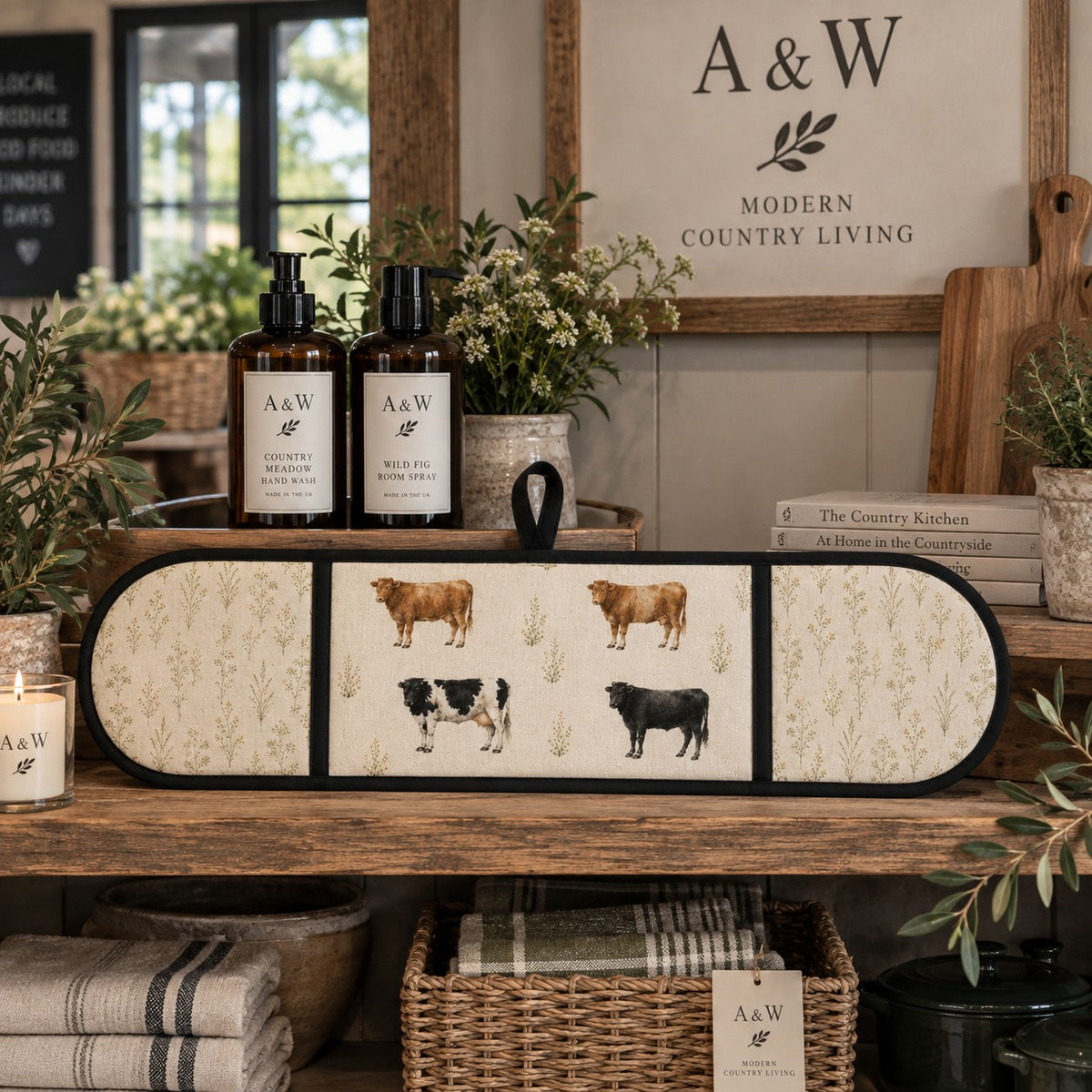 Country Edit Cattle double oven glove featuring brown, black and black-and-white cattle amongst delicate grasses with contrasting black edging