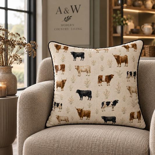 Cow Cushion, Cattle Cushion, Highland Cow Cushion, Cow Lover Gift, Farmer Gift, Farming Gift, Farm Animal Cushion, Country Cushion, Gift for Farmer, Country Home Cushion, Cow Home Decor, British Made Cushion, Farmhouse Cushion