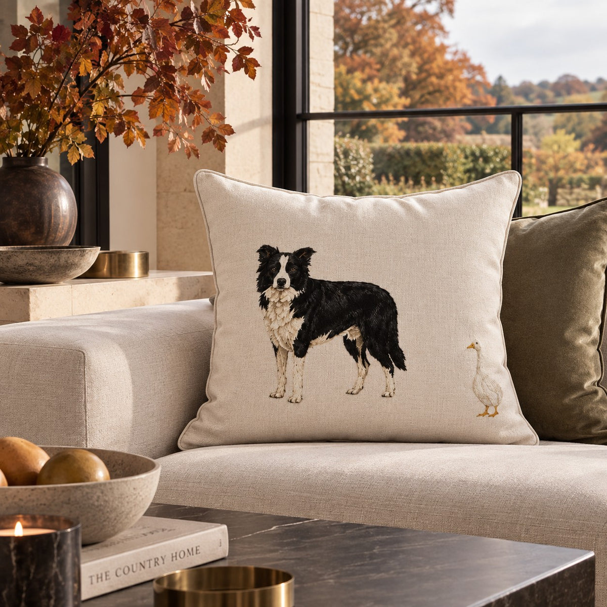 Aminelle & Willow Country Collie 50x50cm cotton linen cushion featuring a Border Collie and goose, handmade in the UK