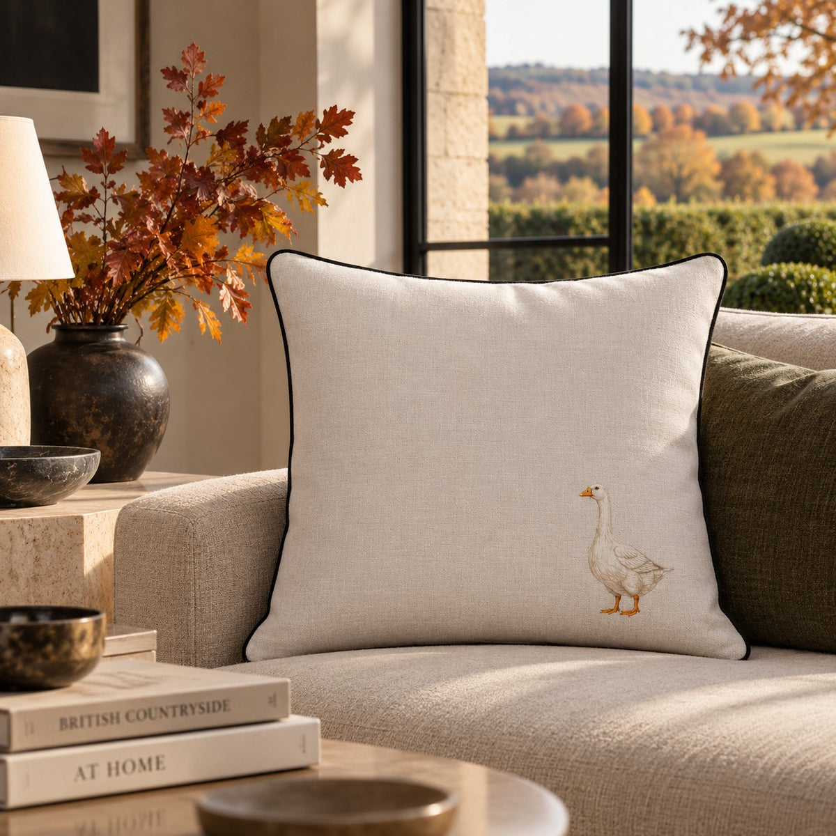 Aminelle & Willow Country Goose 50x50cm cotton linen cushion with dark piping and duck feather inner, handmade in the UK