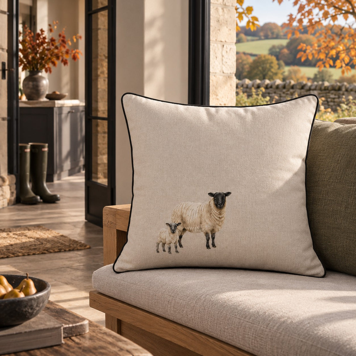 The Ewe & Lamb Cushion from the Aminelle & Willow Country Edit, 50x50cm cotton linen cushion with dark piping