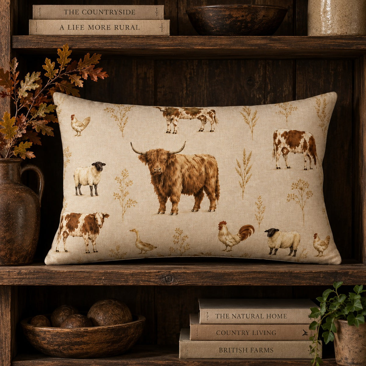 The Farmyard Cushion from the Aminelle & Willow Country Edit, 50x35cm cotton linen cushion featuring Highland cattle, cows, sheep, chickens and a goose
