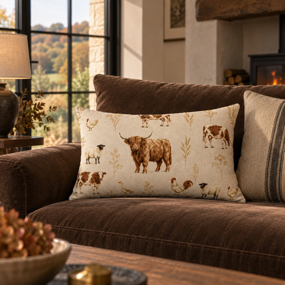 The Farmyard Cushion from the Aminelle & Willow Country Edit, 50x35cm cotton linen cushion featuring Highland cattle, cows, sheep, chickens and a goose