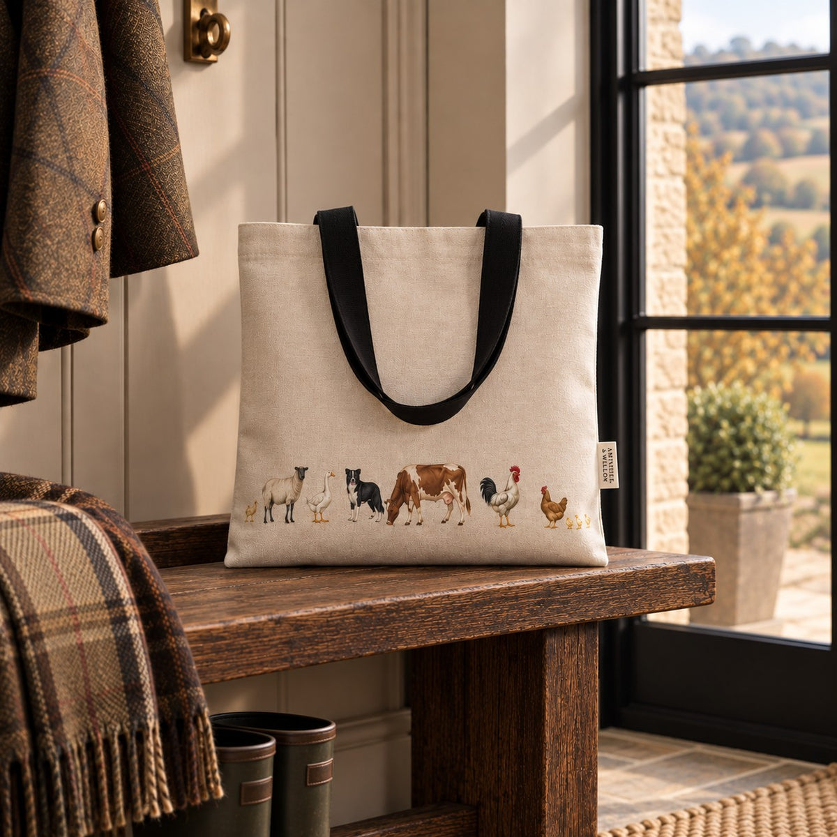 The Farmyard Tote Bag from the Aminelle & Willow Country Edit featuring sheep, Border Collie, cattle, goose and chickens on organic cotton