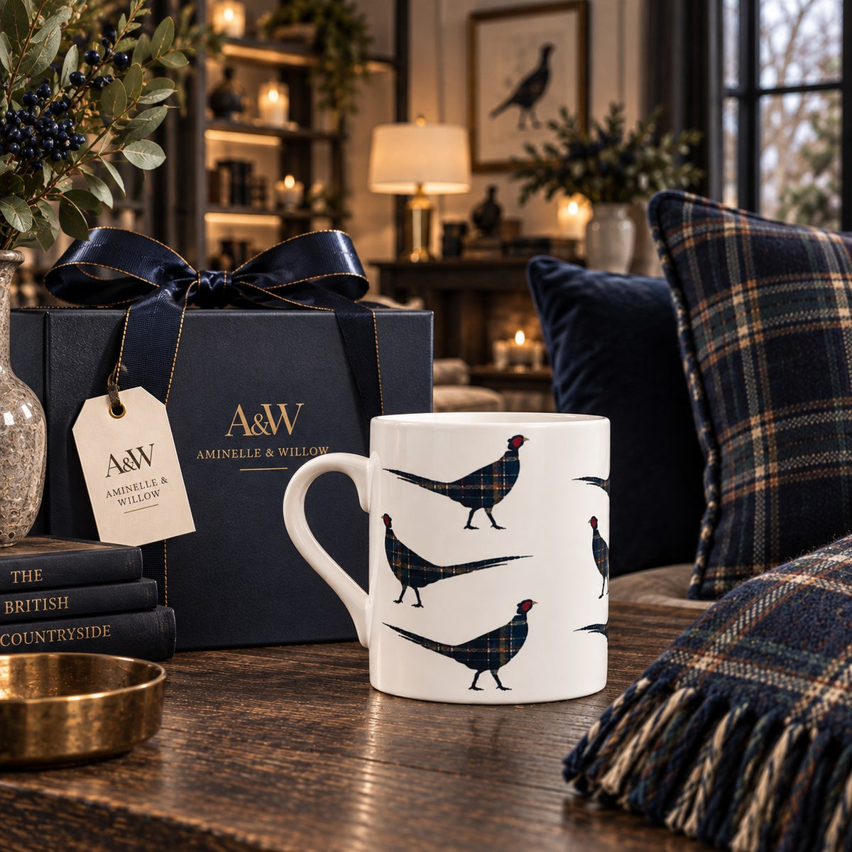 Fine bone china mug with tartan pheasants in forest green, burgundy and brown on a white background